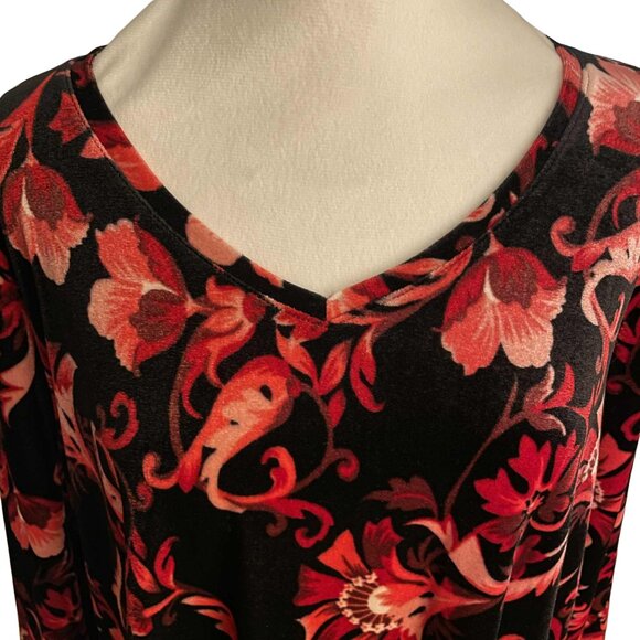 CATHERINES PETITE 1XWP VELVET FLORAL TUNIC TOP BLACK RED STRETCH 3/4 SLEEVE - Picture 7 of 10